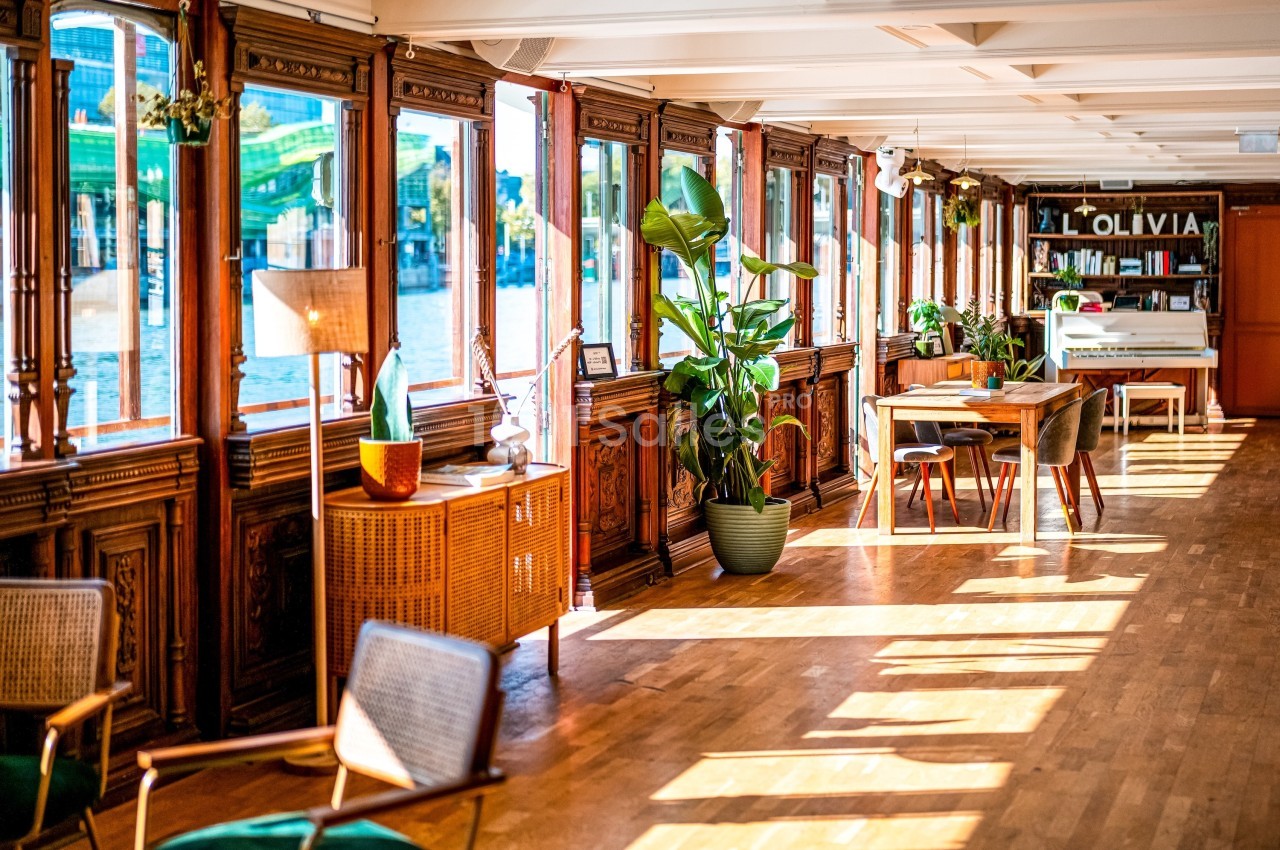 Intérieur lumineux avec parquet, mobilier en bois, plantes vertes et grandes fenêtres donnant sur une vue extérieure.