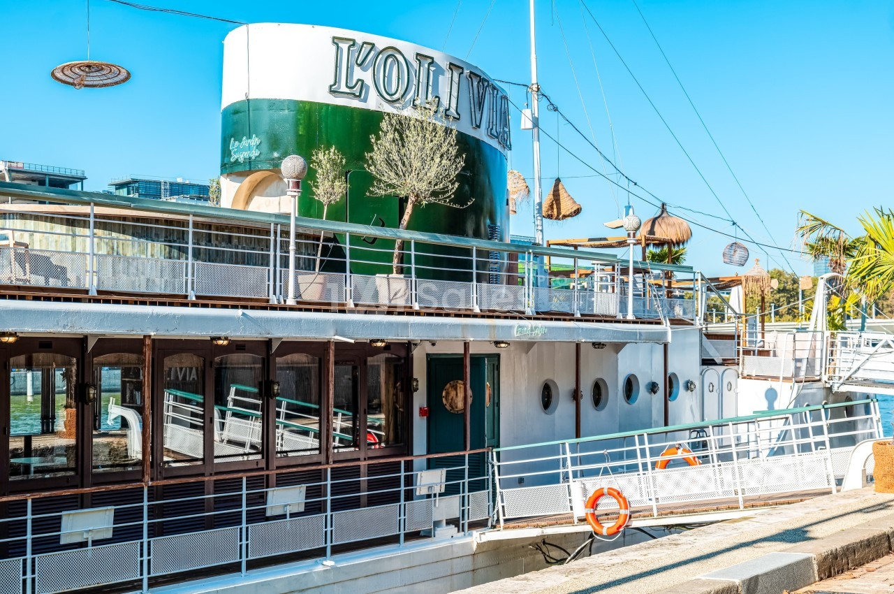 Bateau amarré avec terrasse et décoration végétale, sous un ciel bleu clair.