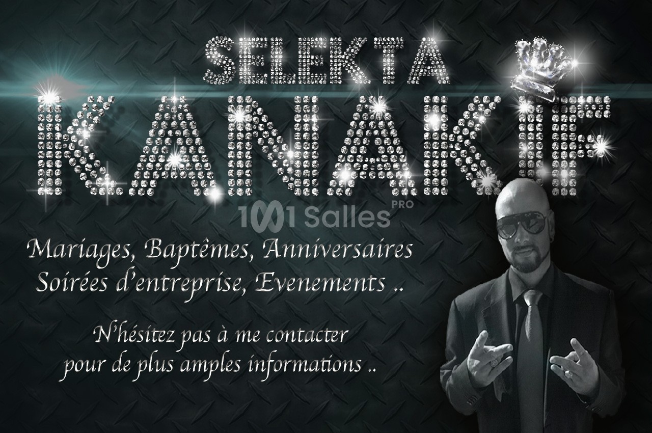 Texte alternatif : Affiche avec un homme en costume, texte brillant ’Selekt'a Kanakif’ et mentions d'événements festifs.
