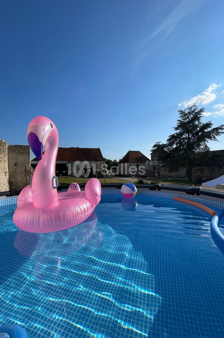 Piscine gonflable avec une bouée rose en forme de flamant rose et une balle colorée, sous un ciel bleu dégagé.