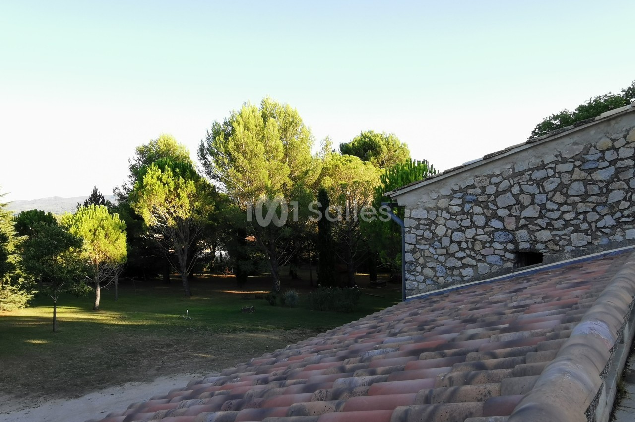 Toit en tuiles en premier plan avec vue sur un jardin arboré et un bâtiment en pierre sous un ciel dégagé.