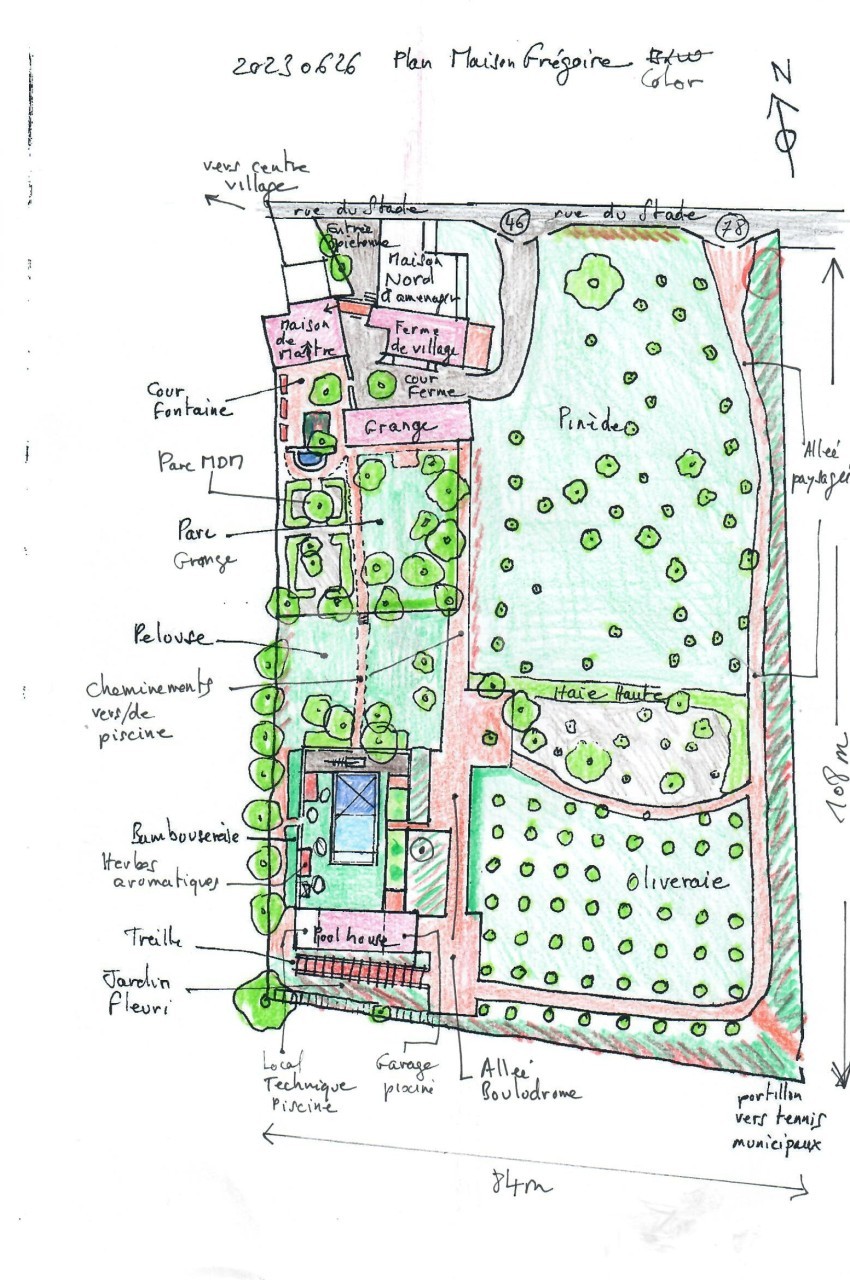 Plan dessiné à la main d'un jardin avec piscine, oliveraie, pelouse, orangerie et divers aménagements paysagers.