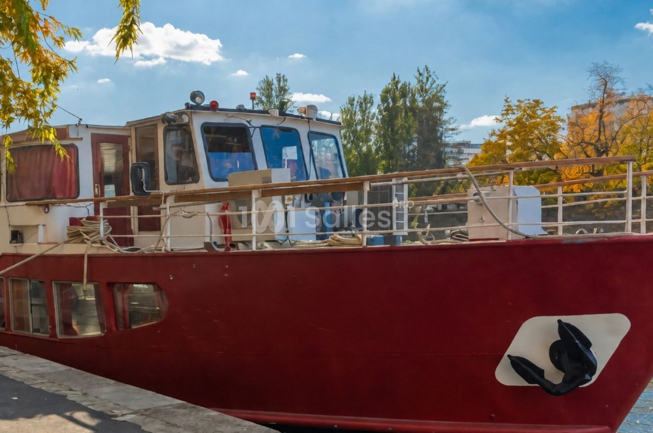 Bateau rouge amarré le long d'une berge, entouré d'arbres aux couleurs automnales et sous un ciel dégagé.