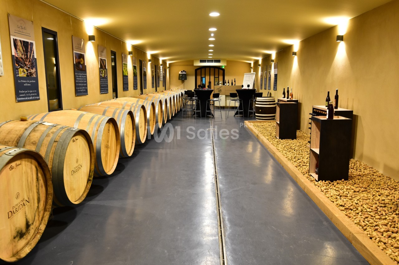 Salle de dégustation avec des tonneaux alignés à gauche, des bouteilles exposées à droite et un espace aménagé au fond.