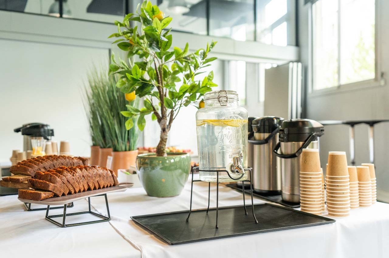 Table avec carafes d'eau citronnée, tranches de gâteau, plantes décoratives et gobelets en carton dans une salle lumineuse.