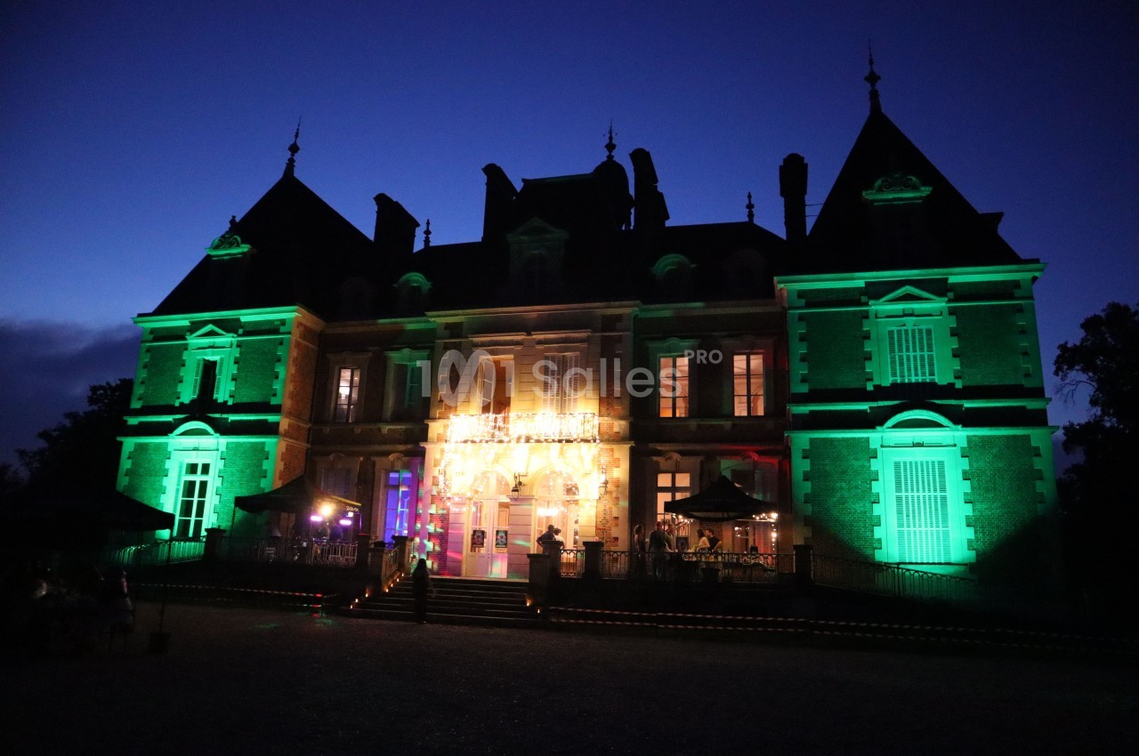 Façade d'un château éclairée par des lumières vertes et dorées, de nuit, avec un ciel sombre en arrière-plan.