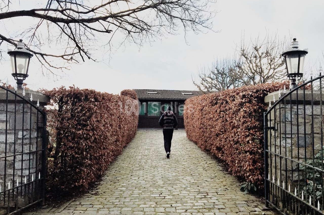 Un homme marche sur une allée pavée bordée de haies rouges menant à une maison en arrière-plan.