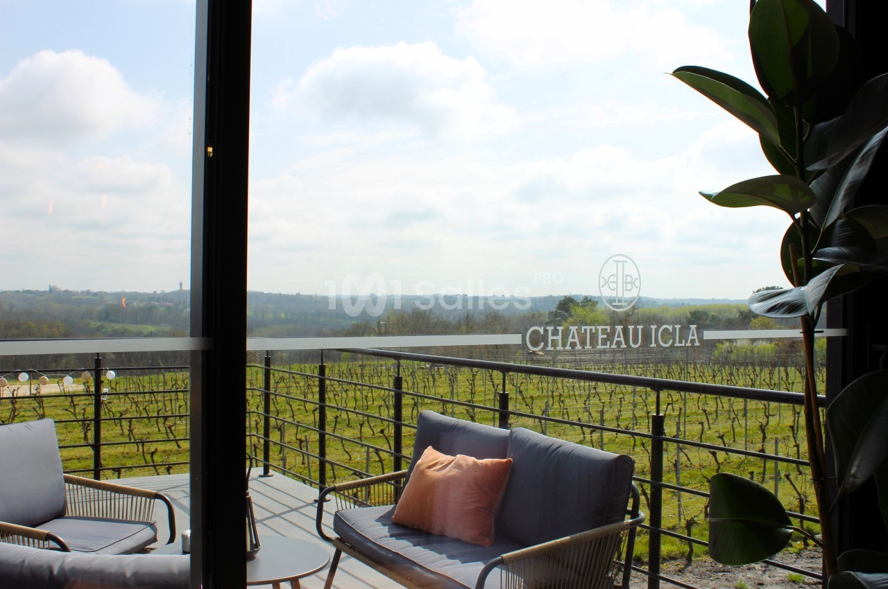 Vue sur des vignes depuis une terrasse avec fauteuils et coussins, encadrée par une baie vitrée et une plante.