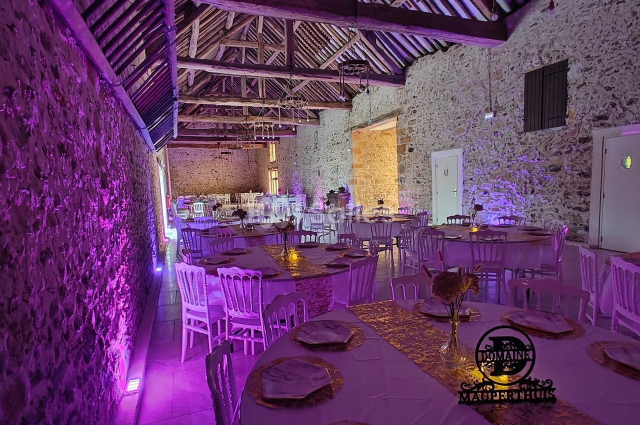 Salle en pierre avec tables rondes décorées, éclairage violet et plafond en poutres apparentes.