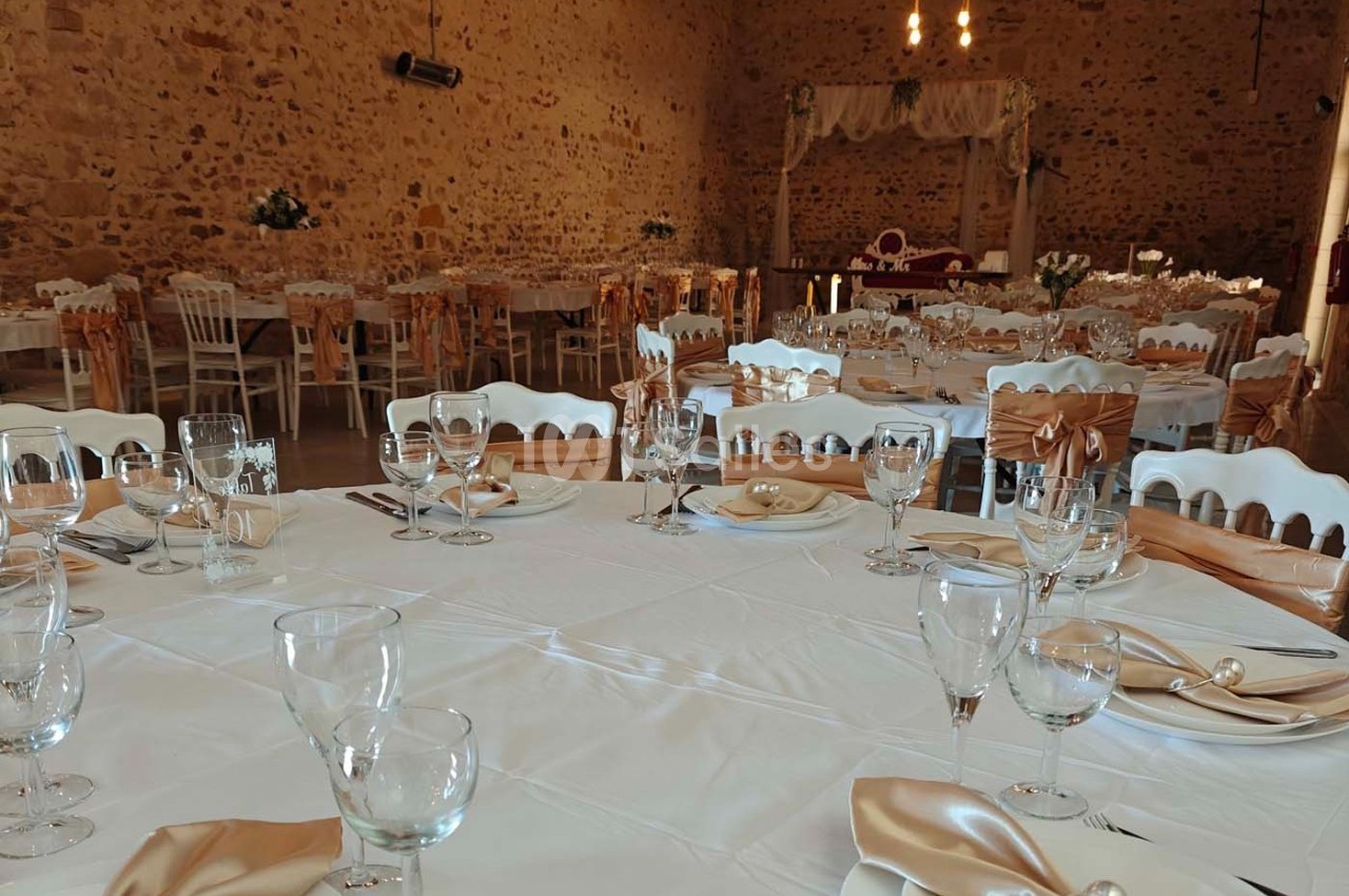 Salle de réception décorée avec des tables dressées, nappes blanches, chaises ornées de rubans dorés et arche fleurie au…