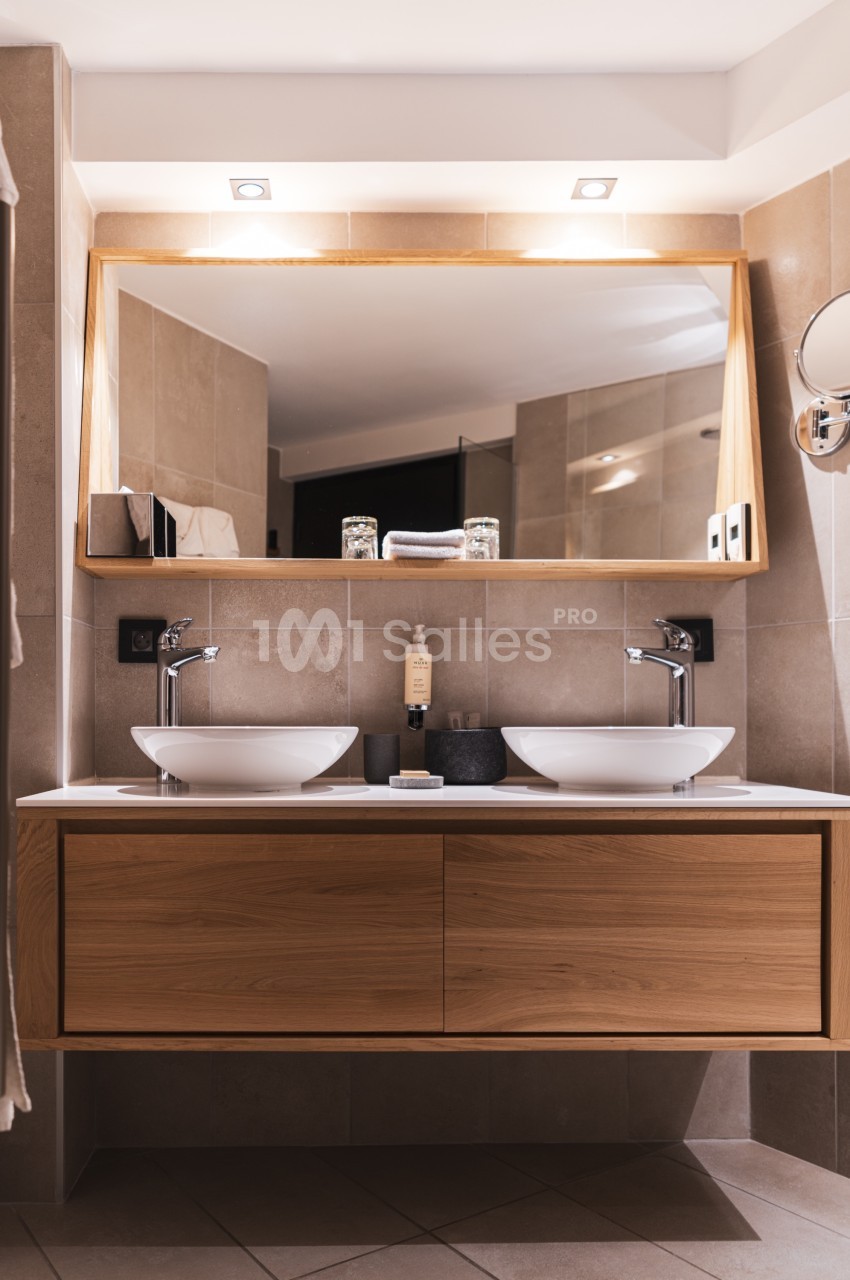 Double vasque moderne avec miroir encadré en bois, éclairage intégré et décoration minimaliste dans une salle de bain.