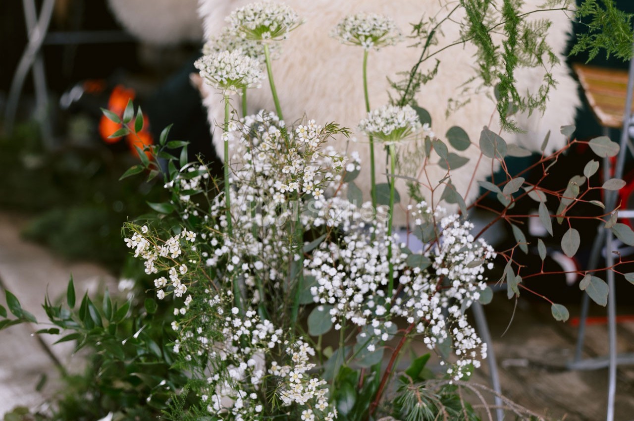 Composition florale avec gypsophile, ombelles blanches et feuillages verts, disposée devant un fond flou.