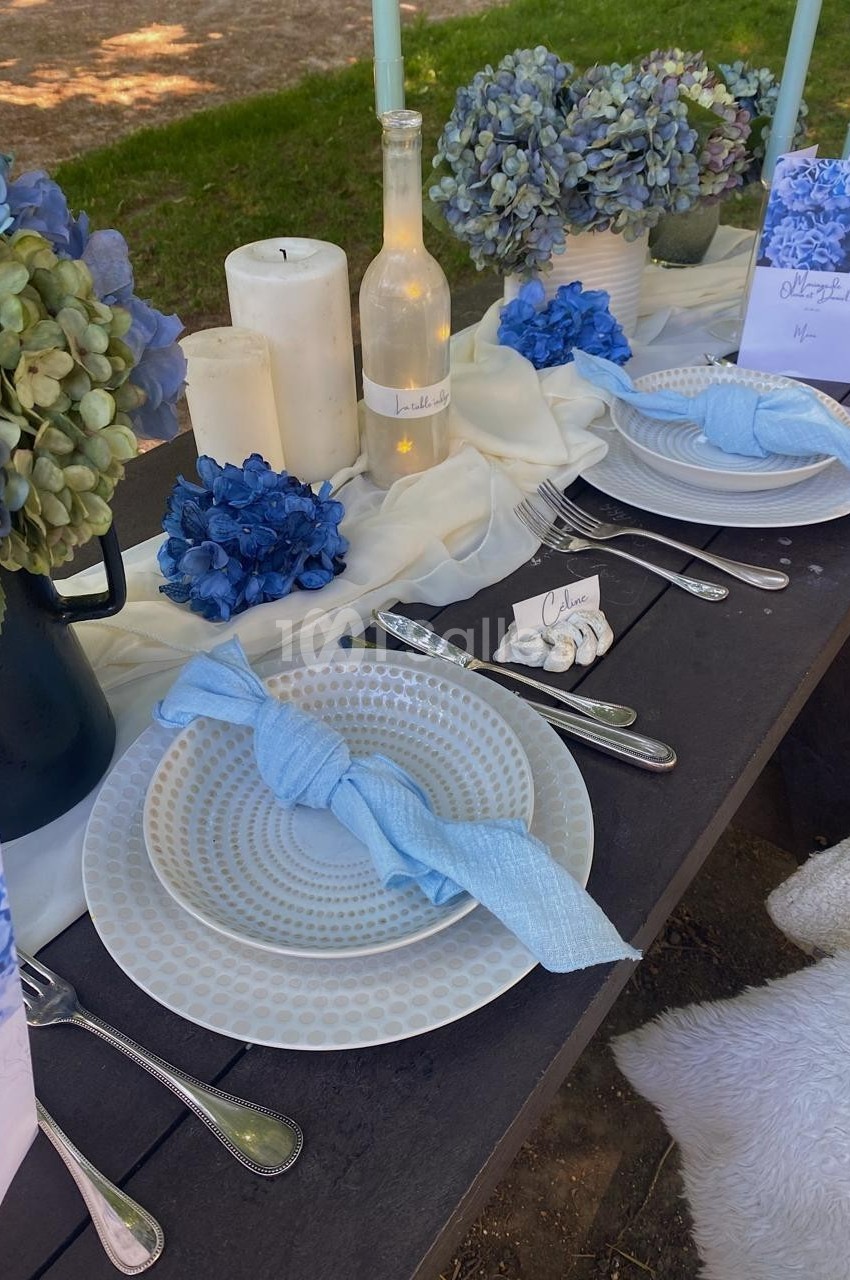 Table décorée pour un repas en extérieur avec vaisselle blanche, serviettes bleues, bougies et bouquets d’hortensias.