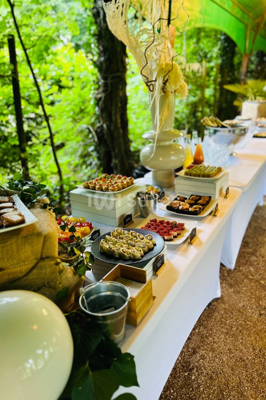 Buffet en plein air avec une variété de plats et de desserts disposés sur une longue table blanche.