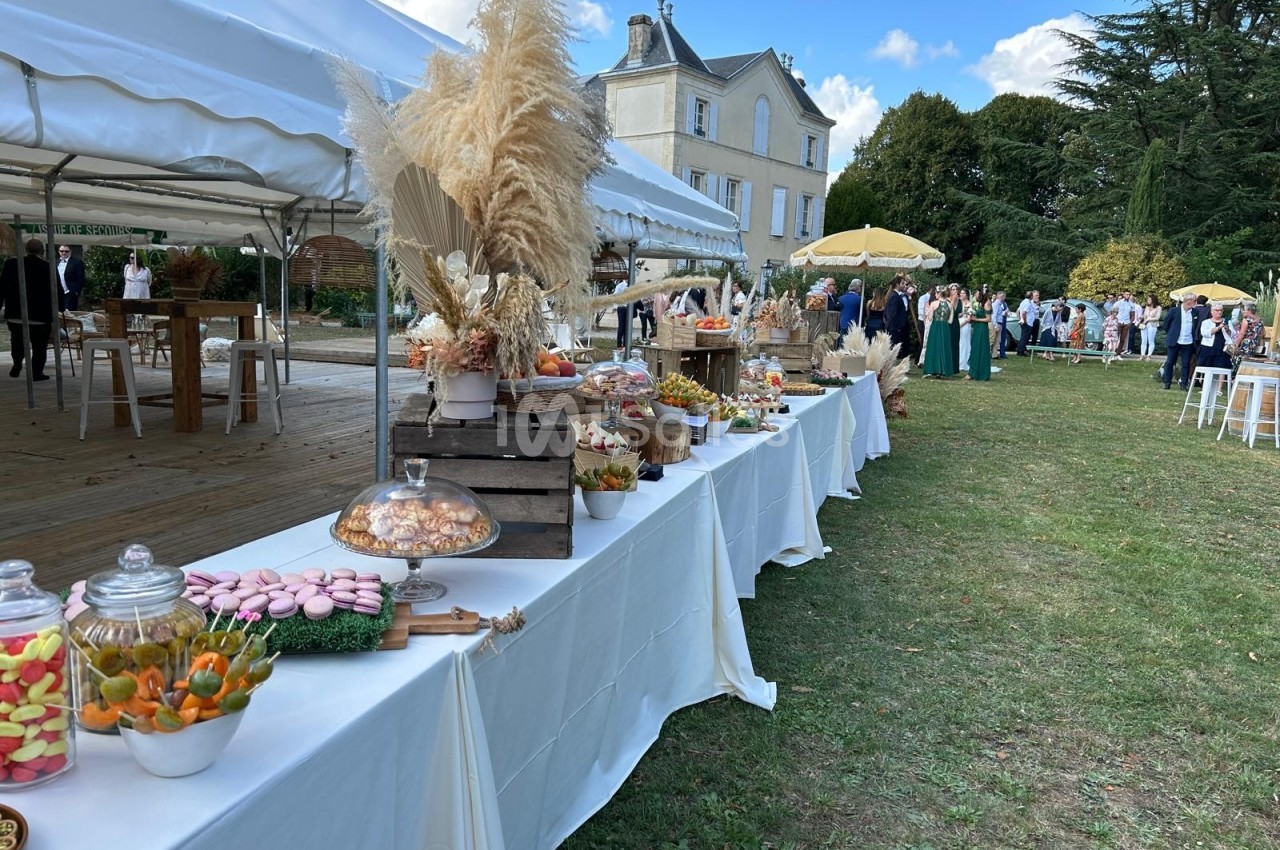Buffet en plein air avec desserts, bonbons et décorations végétales, installé dans un jardin près d'un bâtiment élégant.