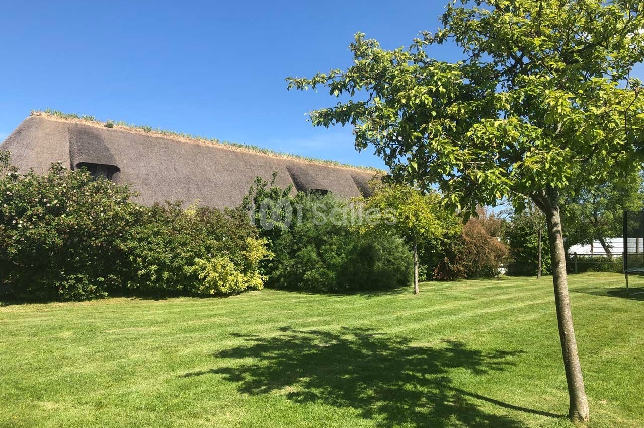 Toit de chaume d'une maison entourée d'arbres et d'arbustes, avec une pelouse bien entretenue sous un ciel bleu.