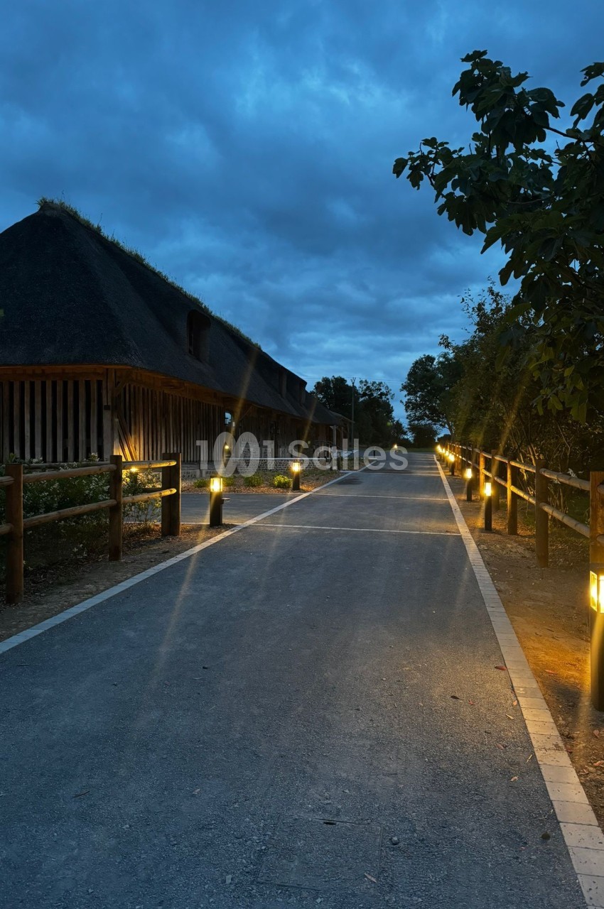 Chemin pavé bordé de lampadaires allumés, menant à des bâtiments en bois avec toits de chaume sous un ciel nuageux.