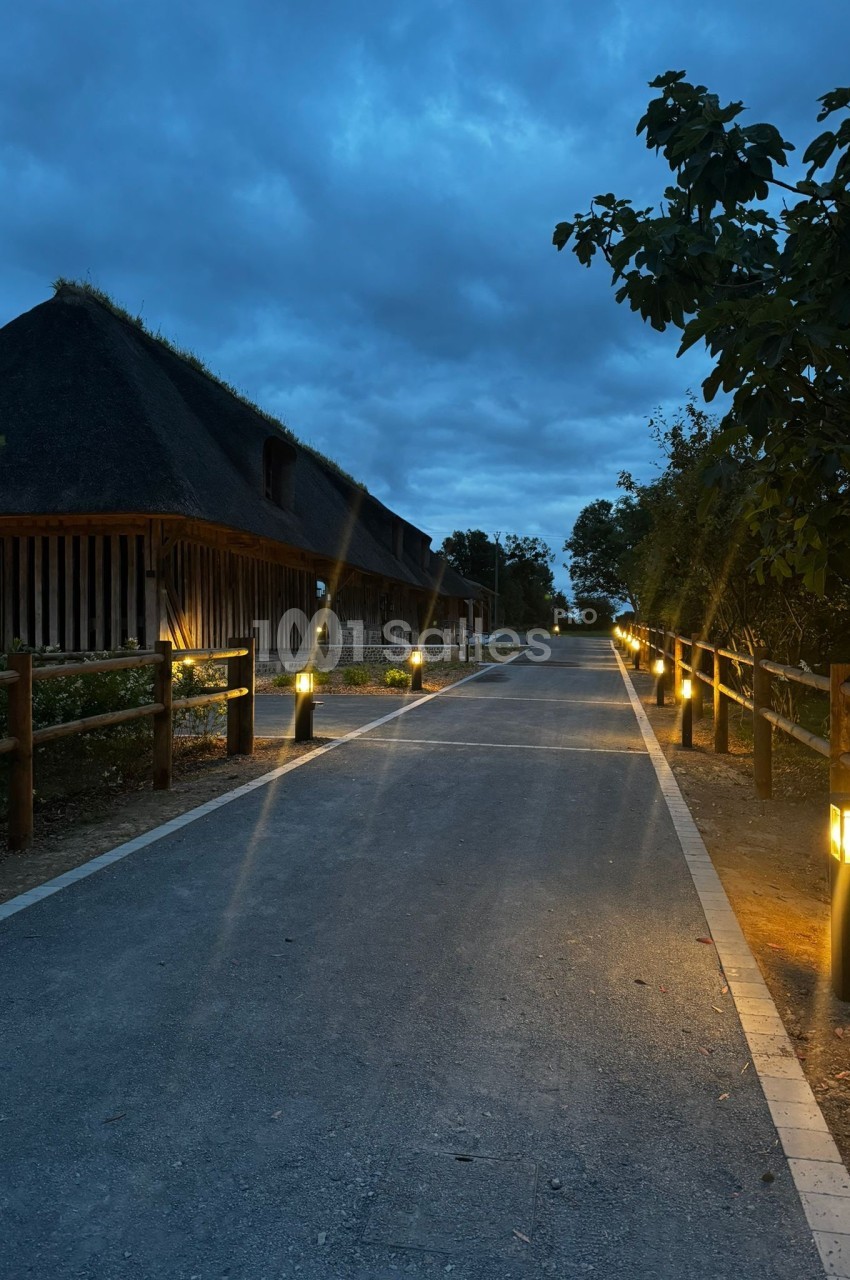 Chemin pavé bordé de lampadaires allumés, menant à des bâtiments en bois avec toits de chaume sous un ciel nuageux.
