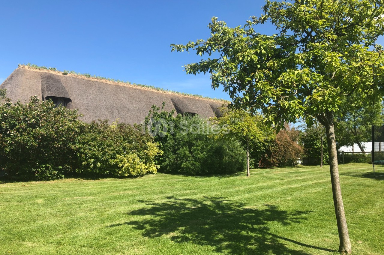 Toit de chaume entouré de végétation luxuriante, avec pelouse et arbre sous un ciel bleu clair.