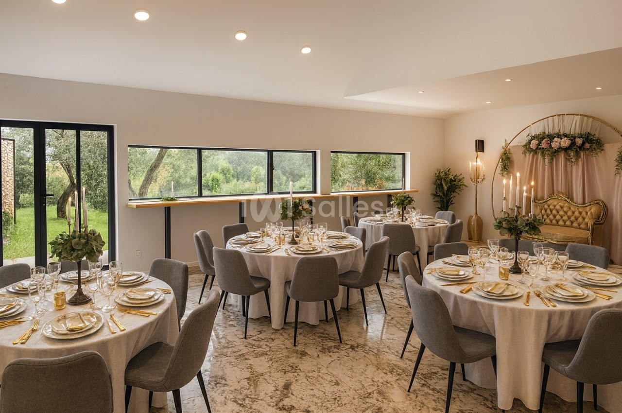 Salle de réception lumineuse avec tables rondes dressées, chaises grises et vue sur un jardin verdoyant par de grandes…