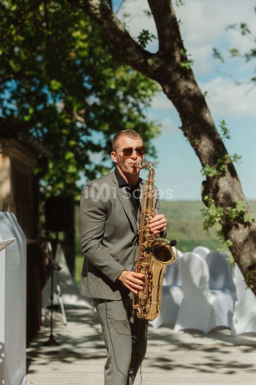 Un musicien en costume joue du saxophone en extérieur, sous un arbre, par une journée ensoleillée.