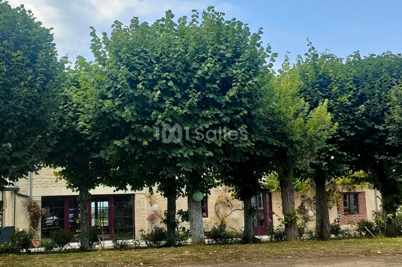 Alignement d'arbres taillés devant un bâtiment en pierre avec des fenêtres et des portes visibles.