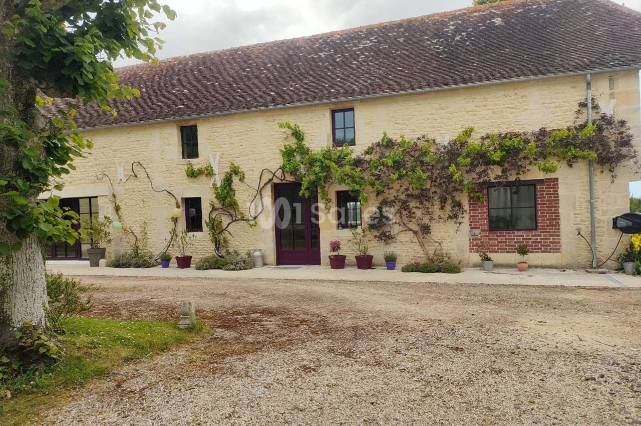 Façade d'une maison en pierre avec des plantes grimpantes, des pots de fleurs et une allée en gravier au premier plan.
