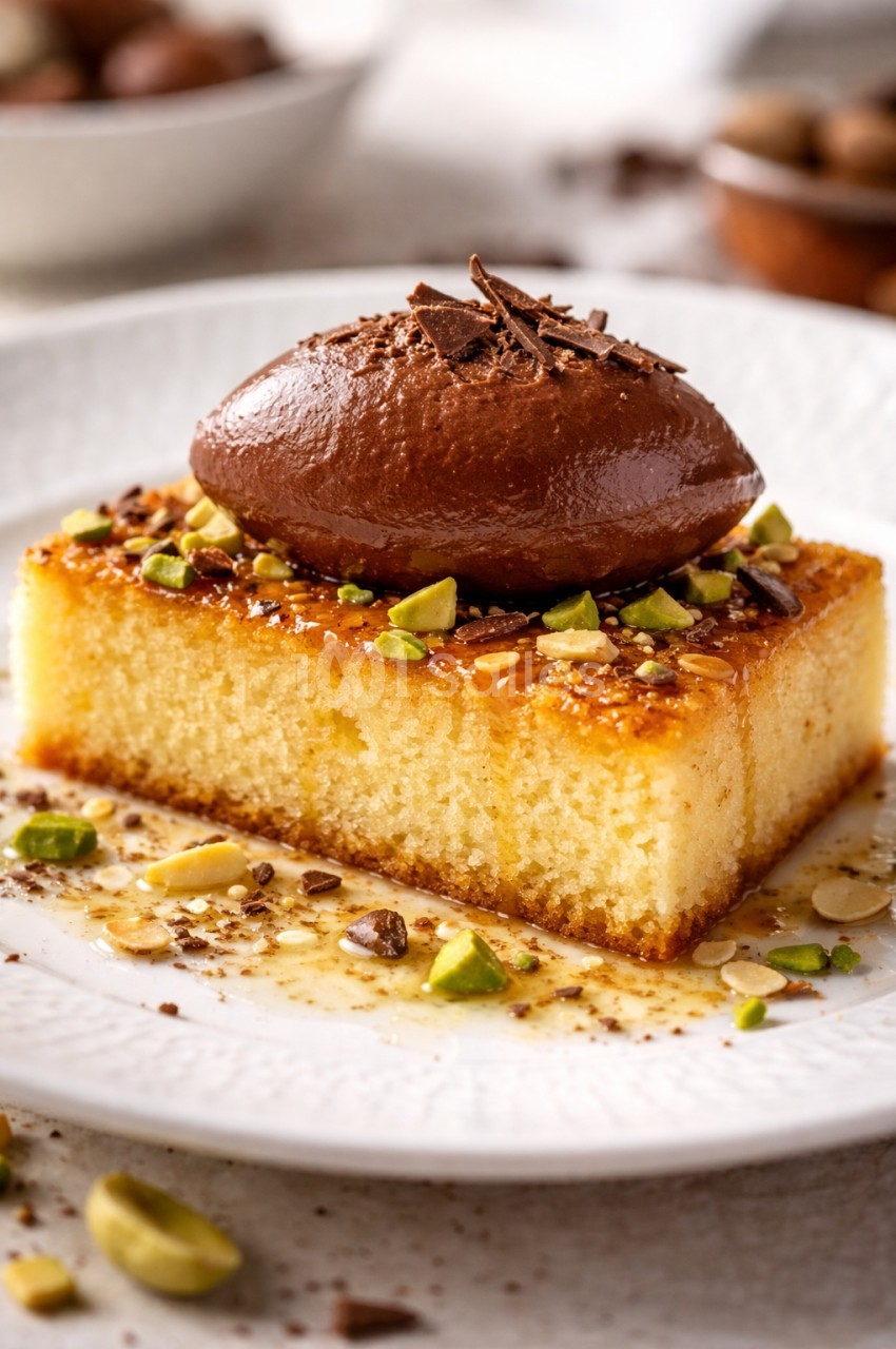 Part de gâteau moelleux garnie de mousse au chocolat, éclats de pistaches et copeaux de chocolat.