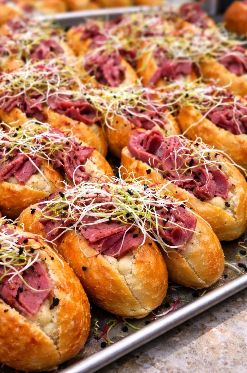 Petits pains garnis de pastrami, germes de luzerne et graines noires, disposés sur un plateau en métal.