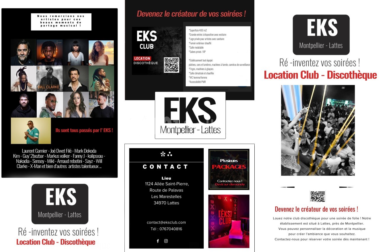 Flyers promotionnels pour une discothèque à Montpellier, avec informations de contact, photos d'ambiance et offres de…