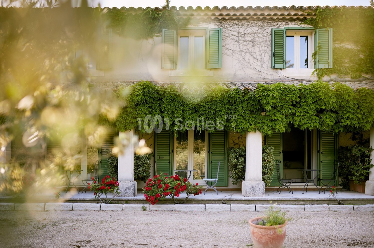 Façade d'une maison provençale avec volets verts, murs recouverts de vigne et jardinières fleuries au premier plan.