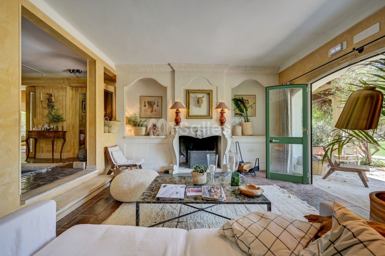 Salon lumineux avec cheminée, mobilier confortable, décor chaleureux et vue sur un jardin verdoyant par une porte ouverte.