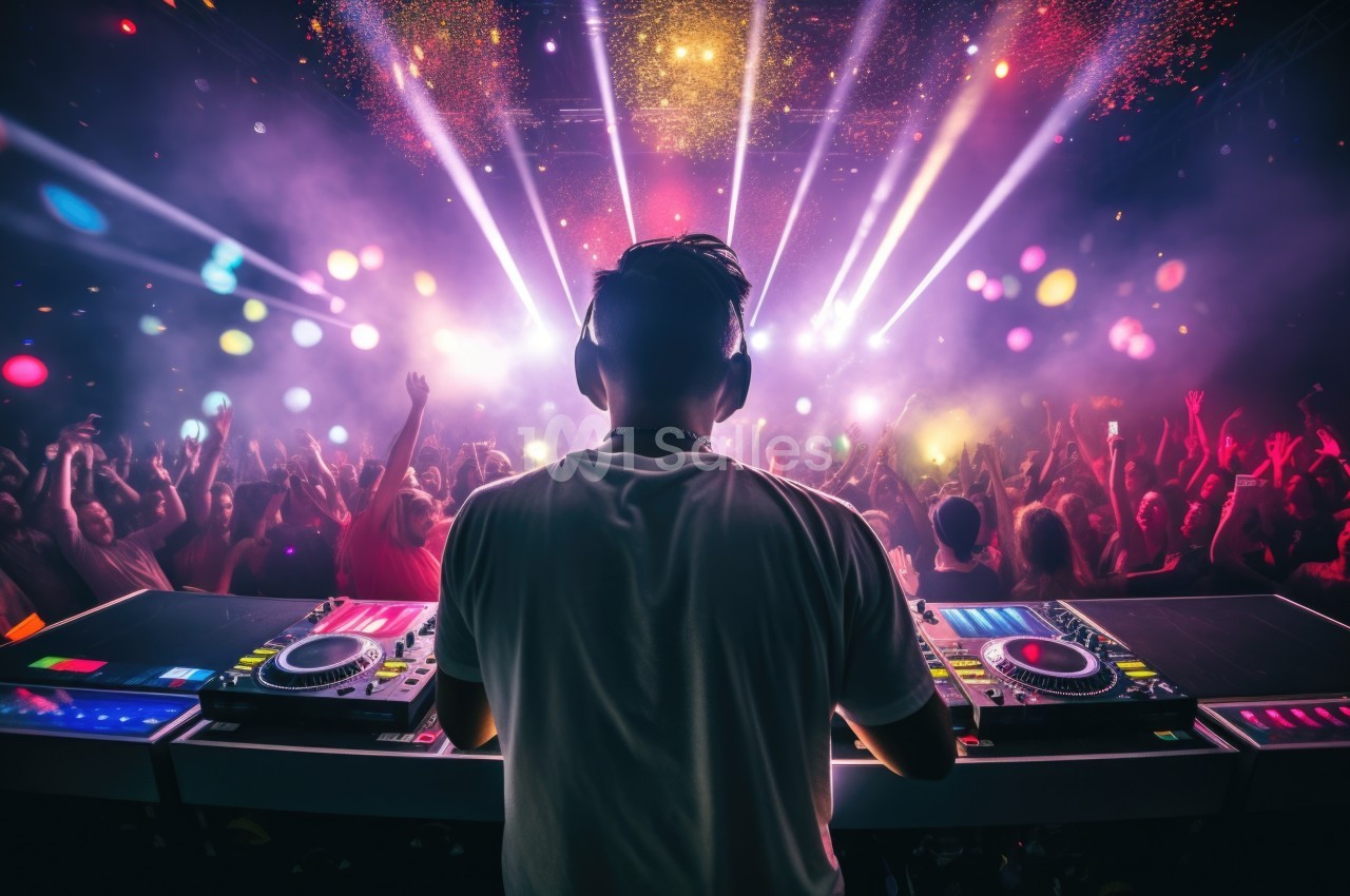 Un DJ mixe sur une scène éclairée par des lumières colorées, face à une foule dansante sous des confettis.