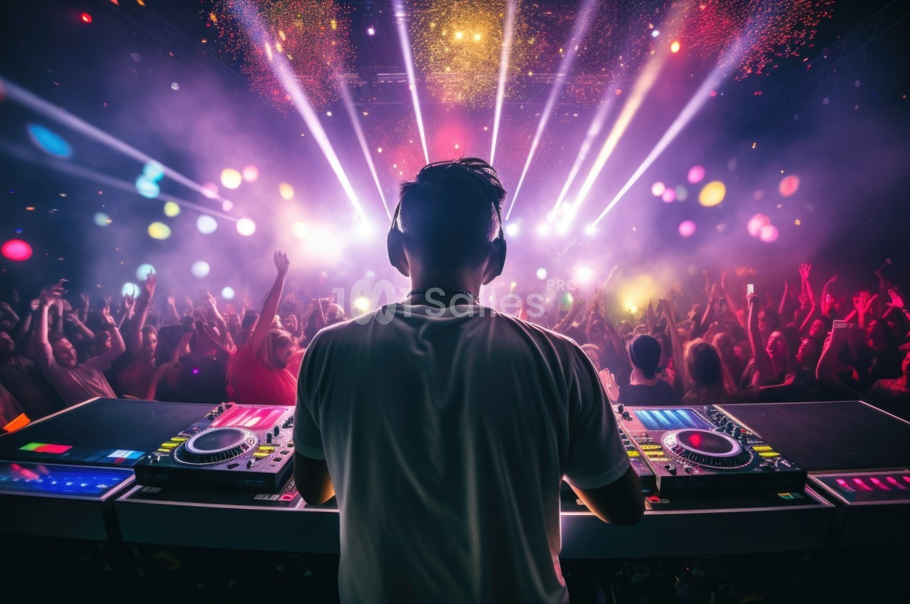 Un DJ mixe sur scène face à une foule dansante sous des lumières colorées et des confettis.