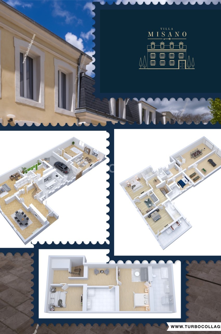 Plan 3D de plusieurs étages d'une villa moderne, avec vue extérieure partielle de la façade jaune.