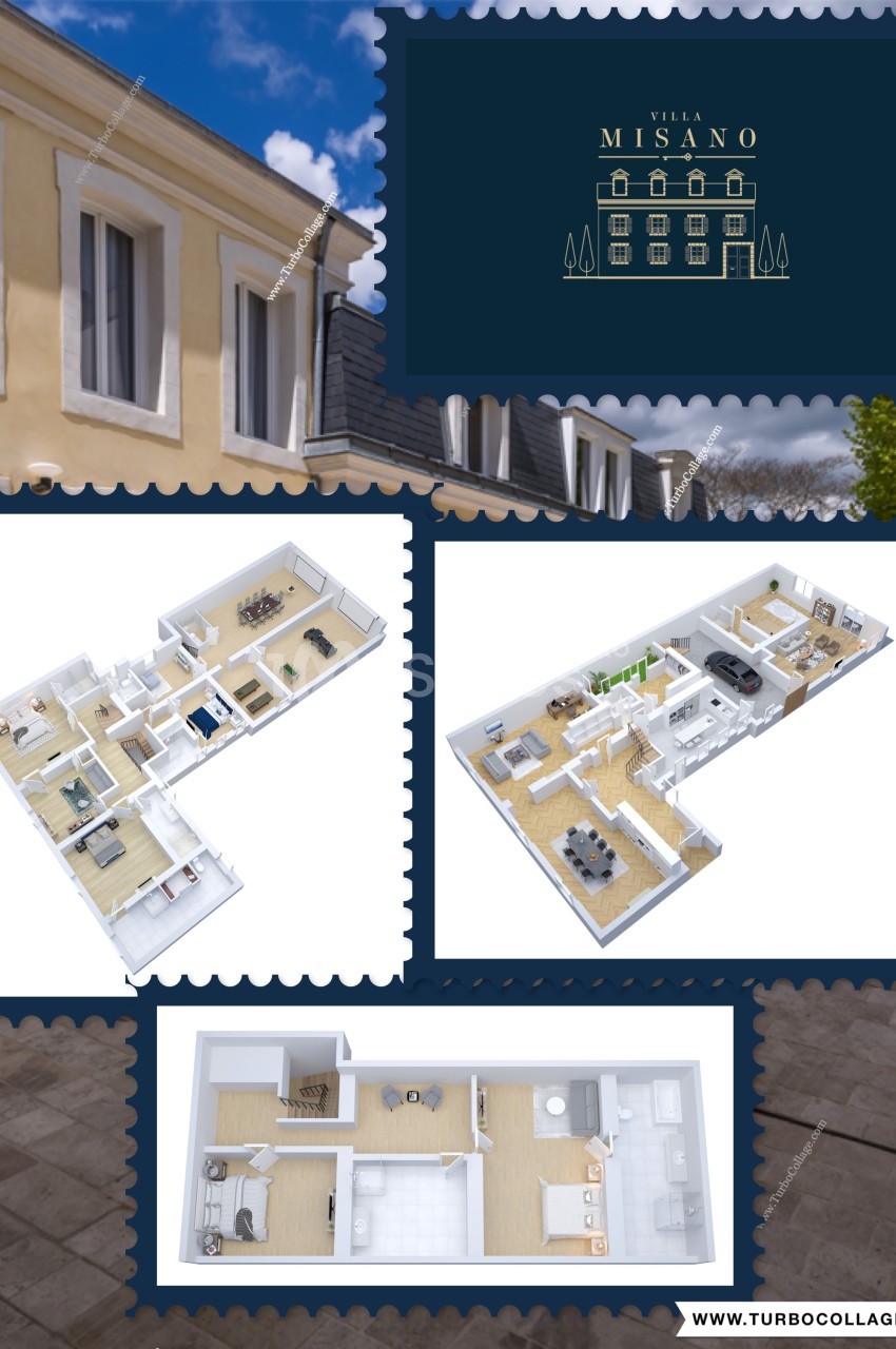 Plan 3D d'une villa avec vue extérieure sur la façade jaune et détails des espaces intérieurs aménagés.