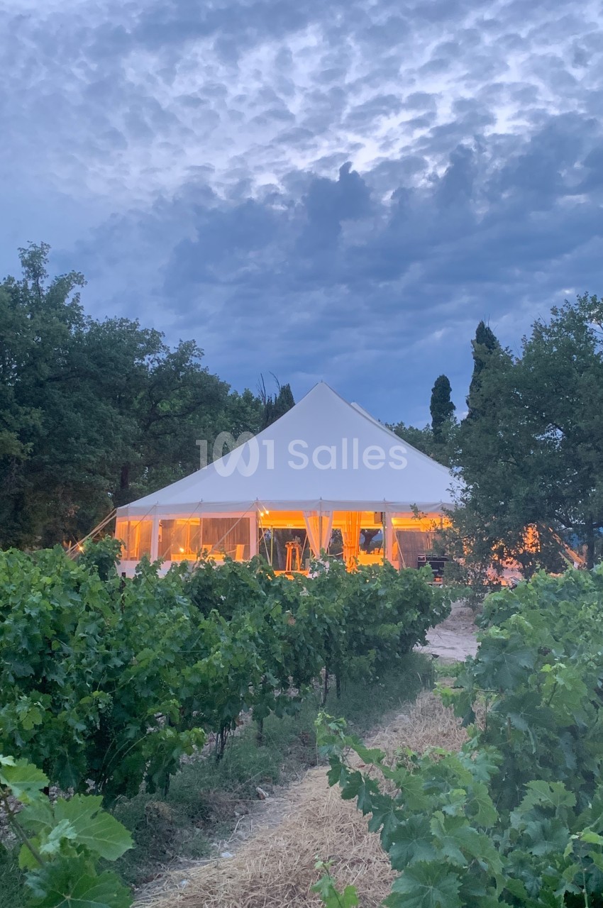 Grande tente éclairée installée au milieu d'un vignoble verdoyant sous un ciel nuageux en soirée.