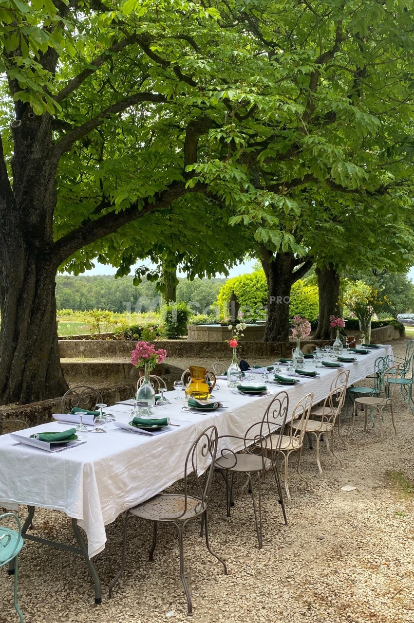 Table dressée en extérieur sous des arbres, avec nappes blanches, vaisselle et bouquets de fleurs.