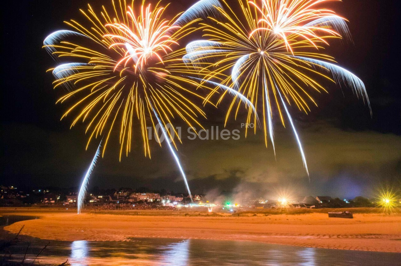 Feux d'artifice colorés illuminant le ciel nocturne au-dessus d'une plage avec leur reflet dans l'eau.