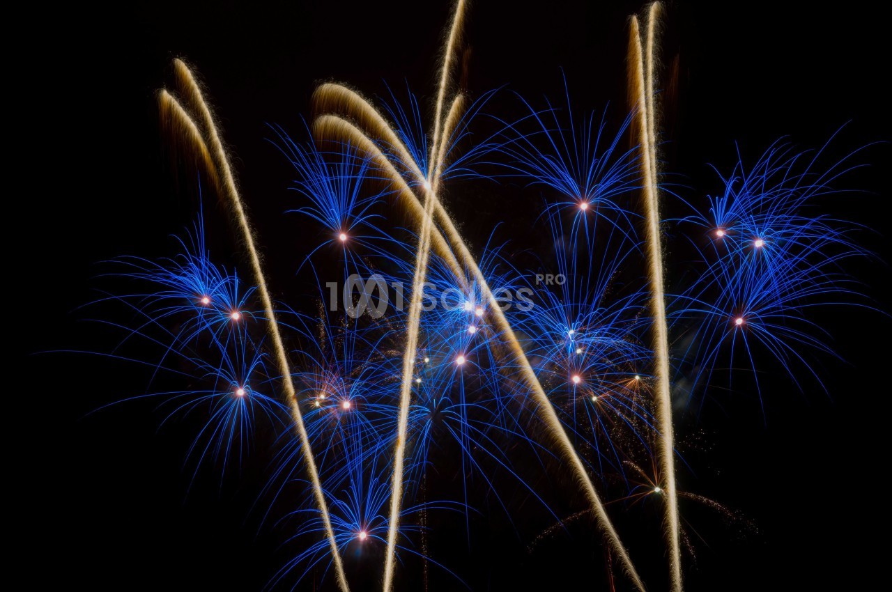 Feux d'artifice avec des traînées dorées et des éclats bleus sur un fond de nuit noire.