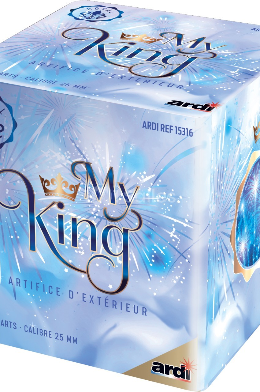 Boîte de feux d'artifice ’My King’ avec design bleu, motifs de couronnes et éclats lumineux.