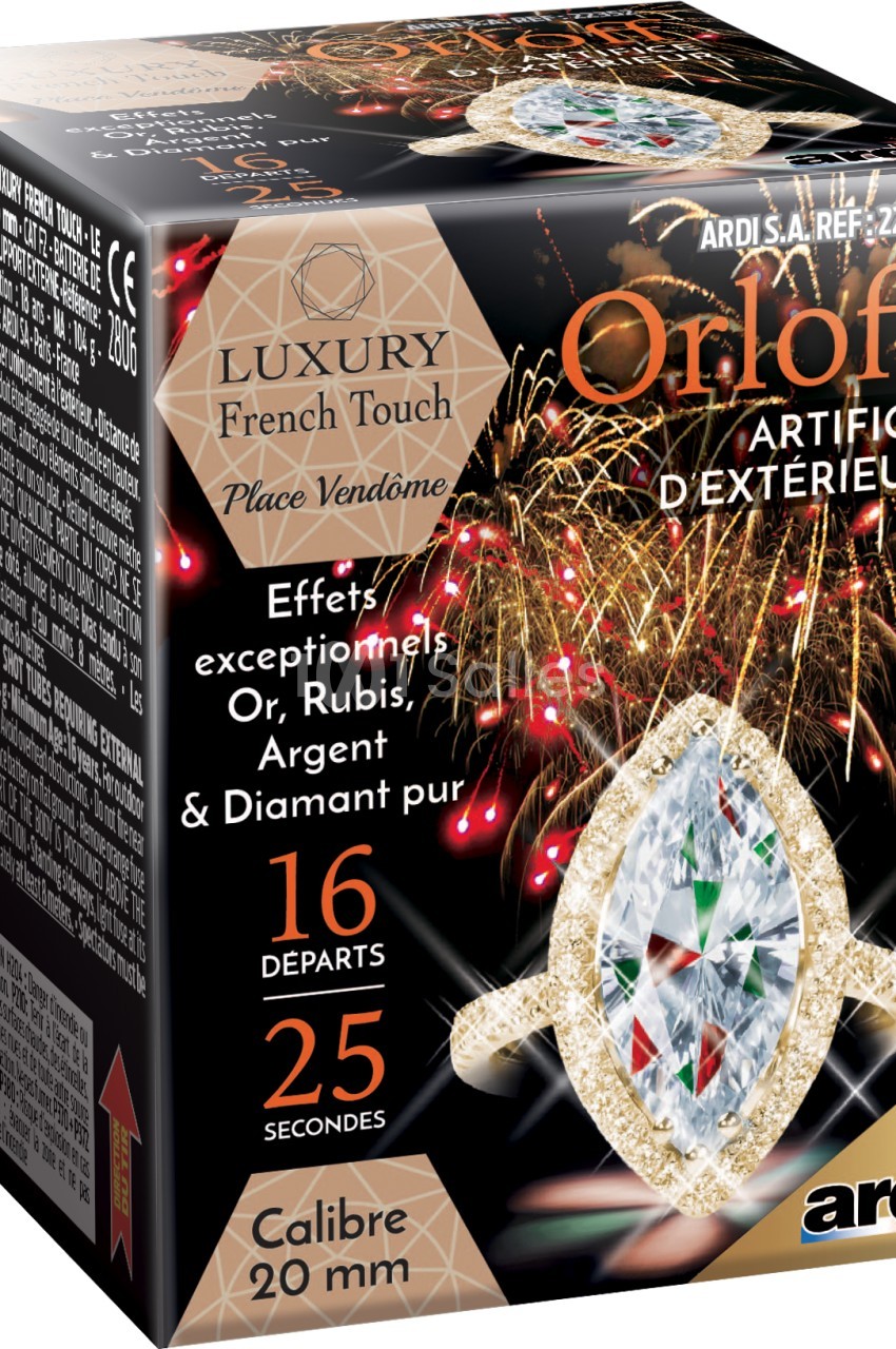 Boîte de feux d'artifice avec un design mettant en avant un bijou et des illustrations de feux d'artifice en arrière-plan.