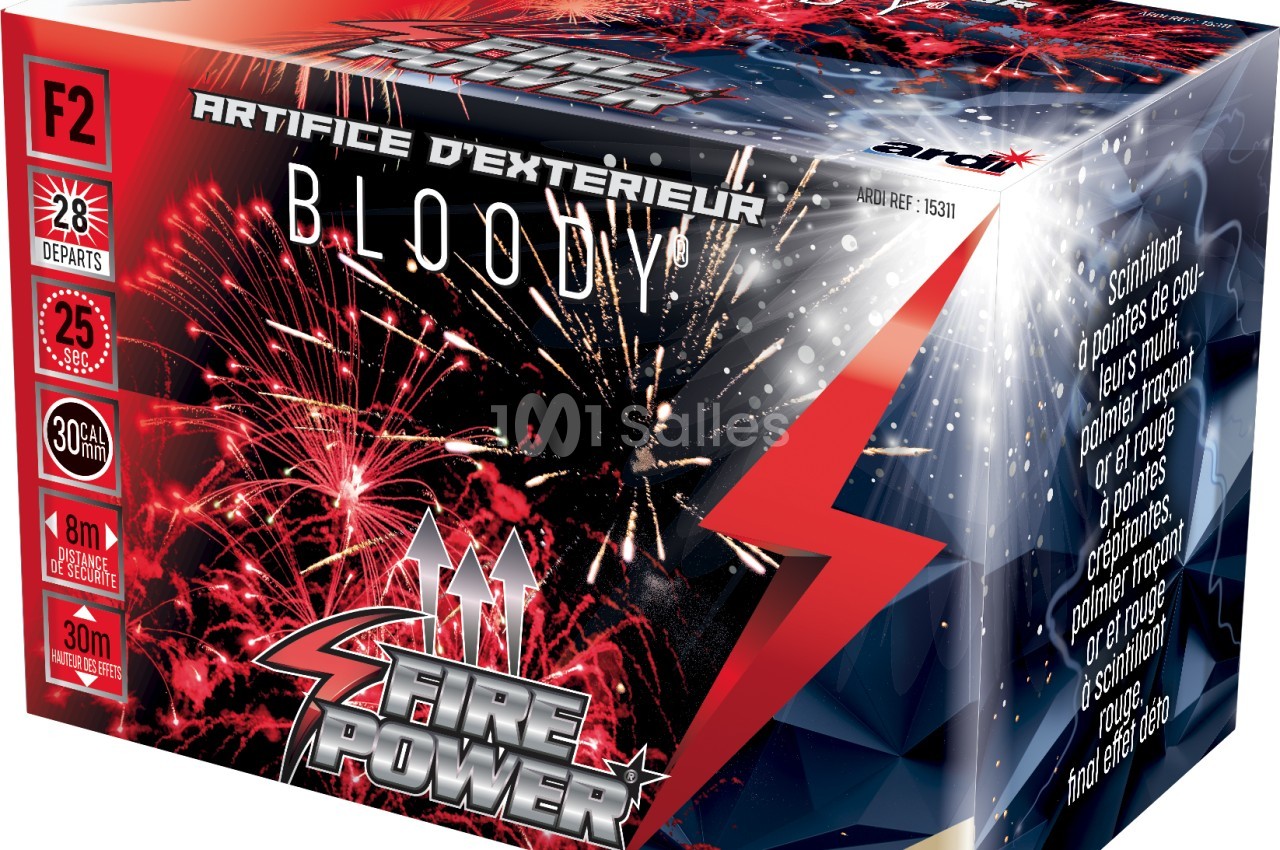 Boîte d'artifice d'extérieur ’Bloody’ avec description des caractéristiques, visuel de feux d'artifice et logo du fabricant.