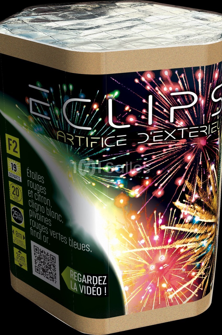 Boîte de feux d'artifice avec des motifs de feux multicolores et des informations techniques imprimées sur l'emballage.