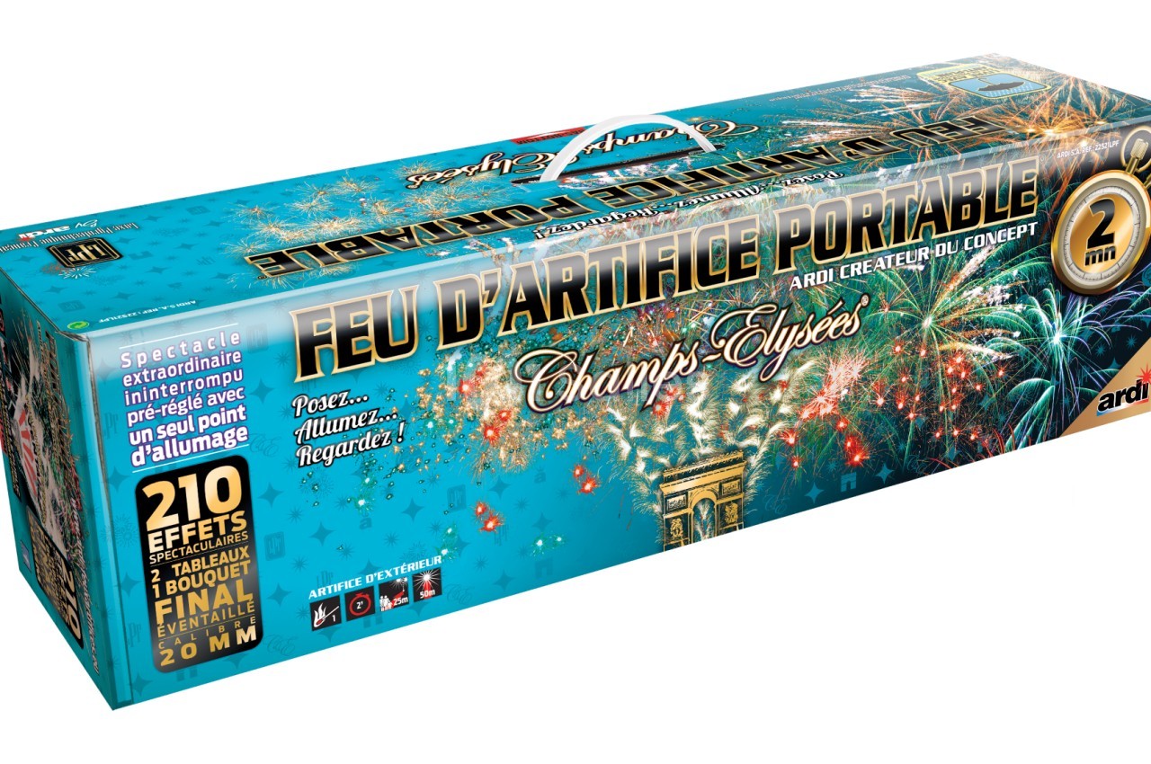 Boîte colorée d'un feu d'artifice portable avec illustrations de feux d'artifice et informations sur les effets.