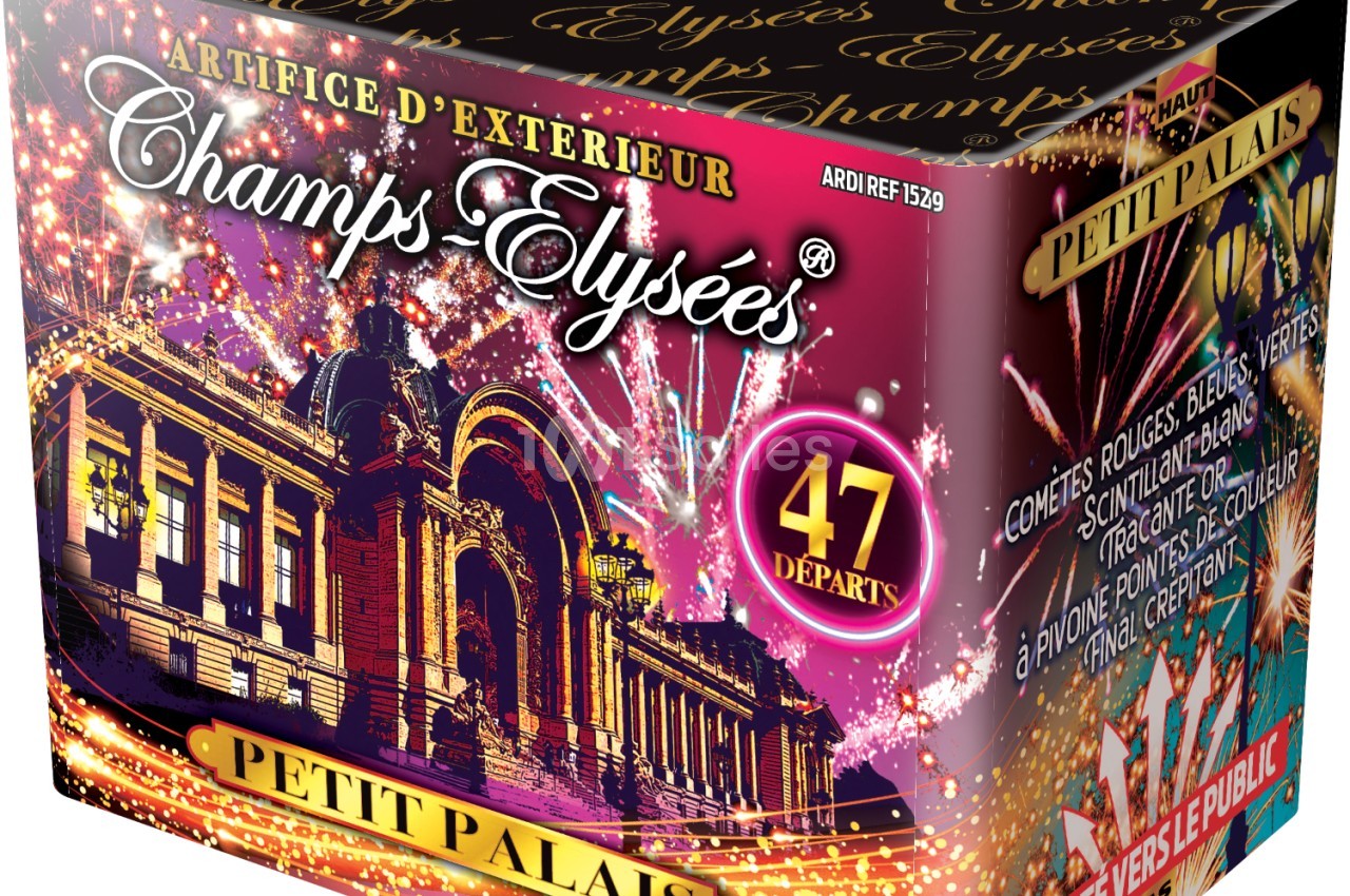 Boîte de feux d'artifice ’Petit Palais’ avec illustration colorée et mention de 47 départs.