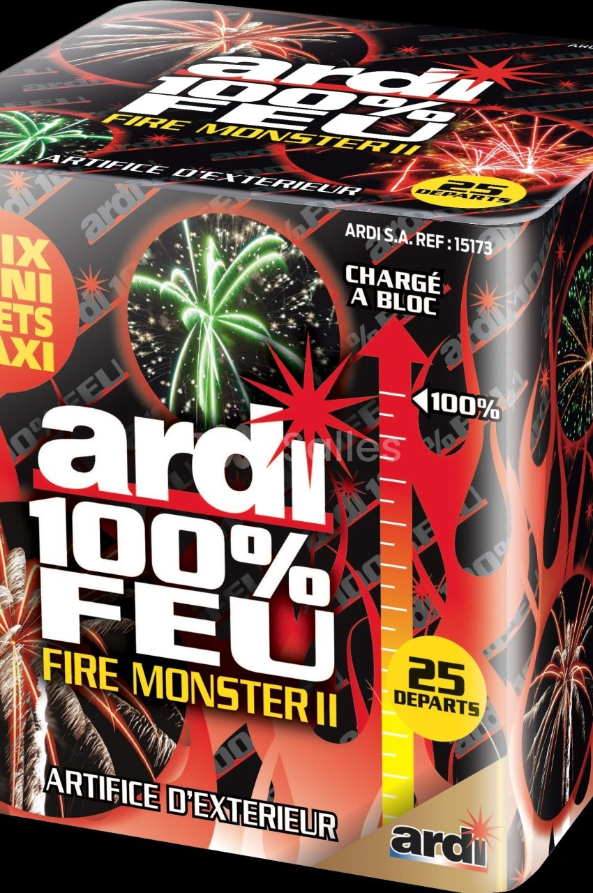 Boîte de feux d'artifice avec illustrations de gerbes colorées et mentions ’100% feu’ et ’25 départs’.
