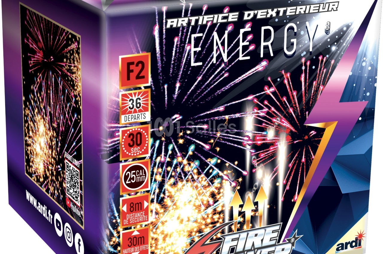 Boîte de feux d'artifice avec illustrations de gerbes lumineuses et informations sur les caractéristiques du produit.
