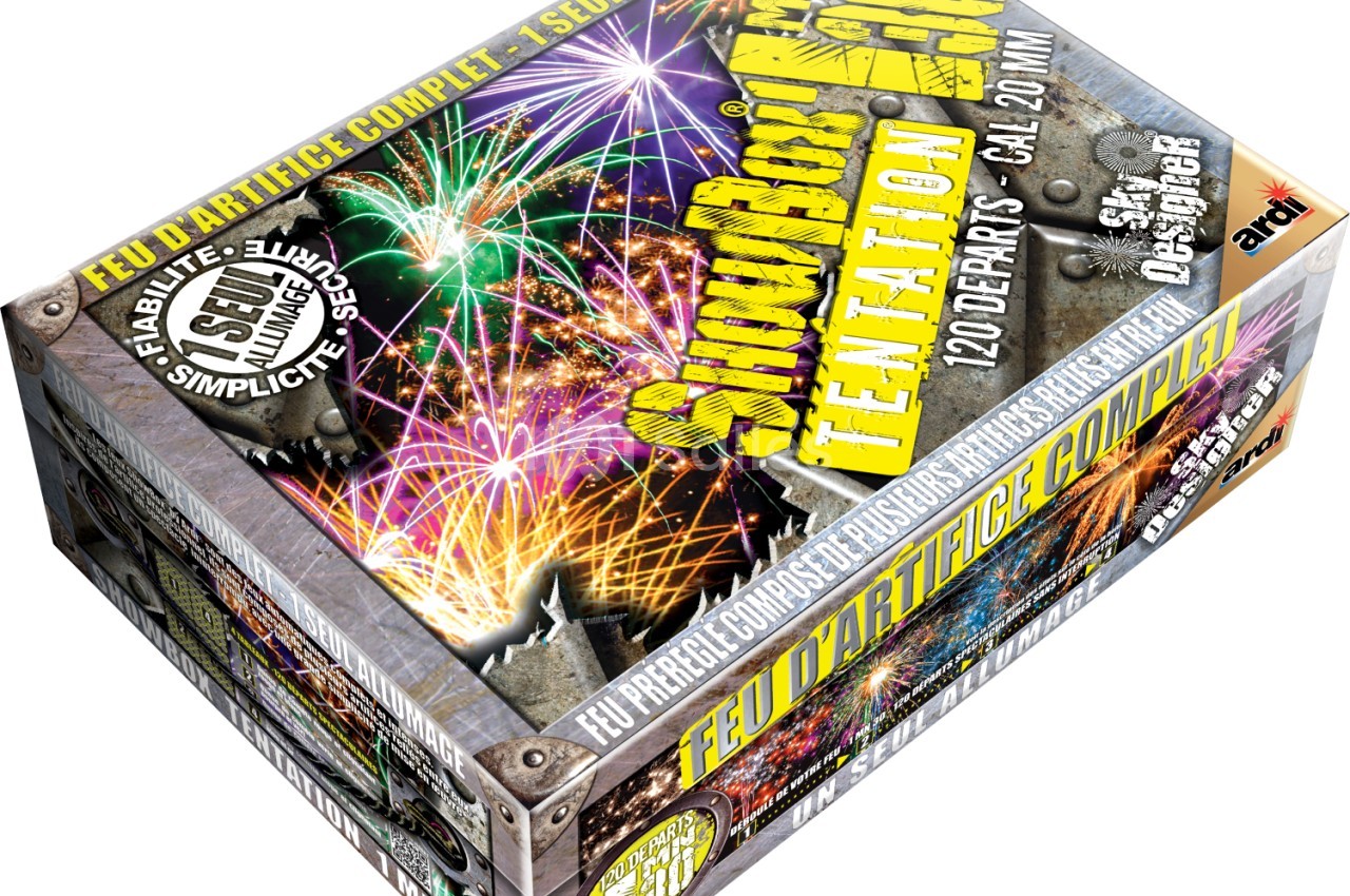 Boîte de feu d'artifice avec des illustrations de feux multicolores et des informations sur le contenu et la durée.