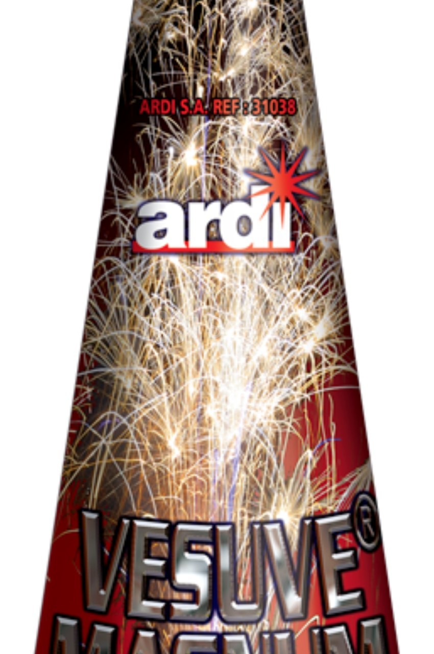 Cône de feu d'artifice rouge et argenté avec des motifs d'étincelles et des inscriptions promotionnelles.